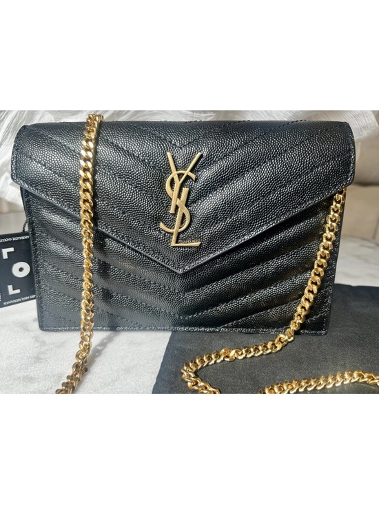 Saint Laurent Handbags - YSL Saint Laurent Black Gold Grained Cassandre Envelope Crossbody Clutch